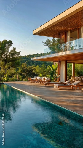 Luxurious Villa With Pool Overlooking Lush Green Landscape During Sunset