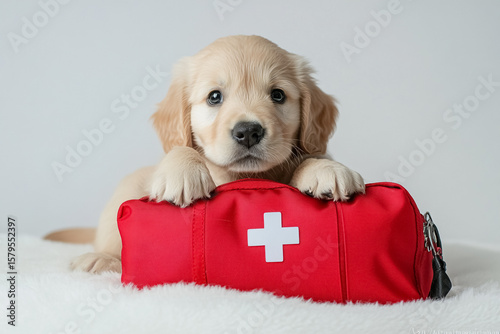 Golden Retriever Puppy with First Aid Kit