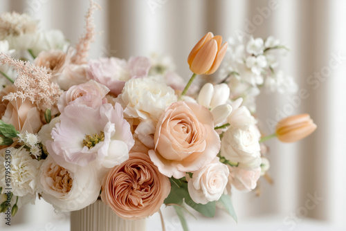 Soft pastel floral arrangement featuring peach roses, tulips, and delicate white blooms in a modern ceramic vase