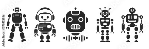 Robot silhouettes set, large vector pack with various futuristic robot designs, isolated on white background