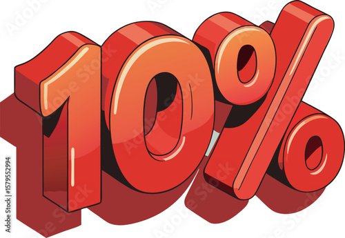 Bold red 10 percent discount symbol with shadow isolated on white background
