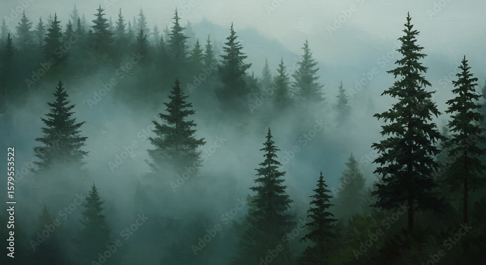 Fototapeta premium Misty Evergreen Forest: Atmospheric Oil Painting with Depth and Texture