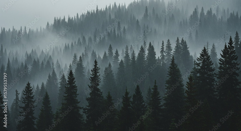 Obraz premium Misty Evergreen Forest: Layers of Pine Trees in Atmospheric Haze