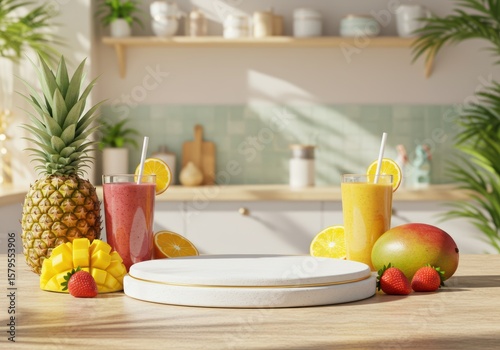 Fresh fruit smoothies and ingredients arranged on a wooden table in a bright kitchen setting.