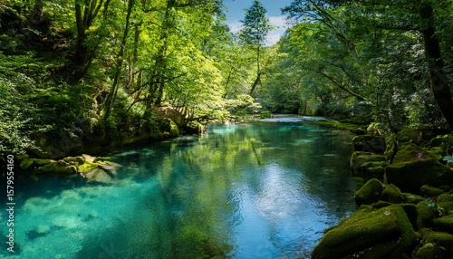 a tranquil turquoise river meanders through a vibrant green forest surrounded by mossy rocks and tall trees basking in the sunlight calm waters reflect the lush landscape