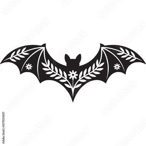 A stylized black bat silhouette with floral and leafy patterns on a plain white background design art on transparent background