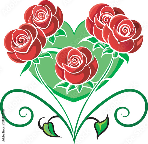 Decorative red roses forming a heart shape with green leaves and swirls isolated on a white background