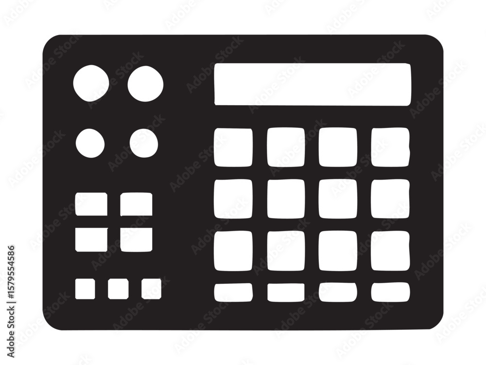 Naklejka premium Black silhouette of electronic music sampler isolated on white background, graphic illustration. concept of sound equipment, music production, dj tool, studio gear, design element