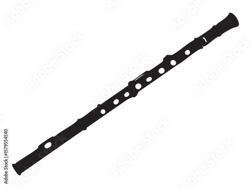 Black silhouette of clarinet isolated on white background, graphic illustration. concept of musical instrument, woodwind, orchestra, icon, logo, design element