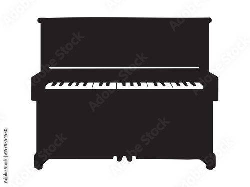 Black silhouette of upright piano, isolated on white background, graphic illustration. concept of musical instrument, classical music, piano recital, icon, logo, design element