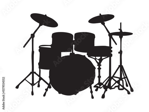 Black silhouette of drum kit isolated on white background, graphic illustration. concept of musical instrument, percussion, band equipment, icon, logo, design element.