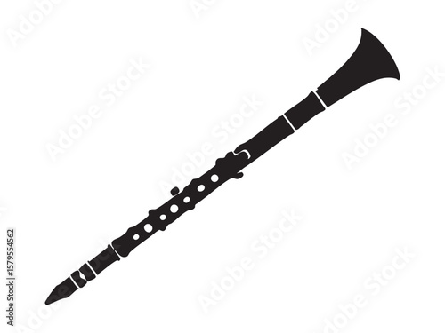 Black silhouette of clarinet isolated on white background, graphic illustration. concept of musical instrument, woodwind, jazz, orchestra, icon, logo, design element