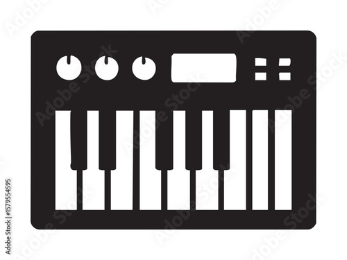 Black silhouette of electronic keyboard isolated on white background, graphic illustration. concept of musical instrument, music production, synthesizer, icon, logo, design element