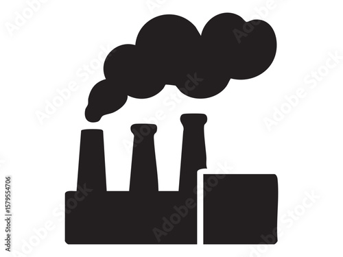 Black silhouette factory with smokestack on white background, graphic illustration. concept of air pollution, industrial plant, environmental impact icon, logo, design element