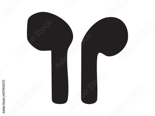 Black silhouette of wireless earphones isolated on white background, graphic illustration. concept of audio device, modern technology, music accessory, icon, logo, tech gadget