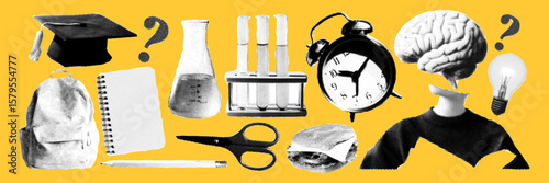 School supplies collage with science lab, brain, light bulb and backpack in halftone pop art design.