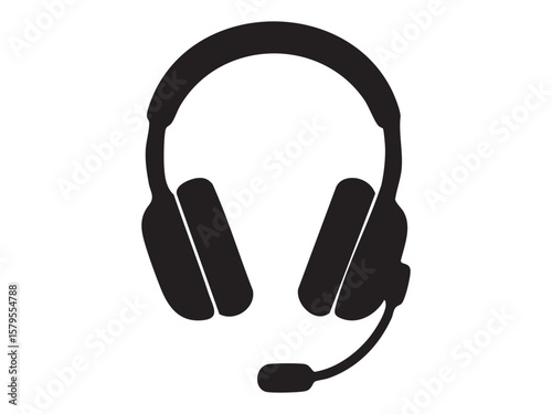 Black silhouette of headset with microphone isolated on white background, graphic illustration. concept of communication, gaming accessory, audio, call center, tech, design element