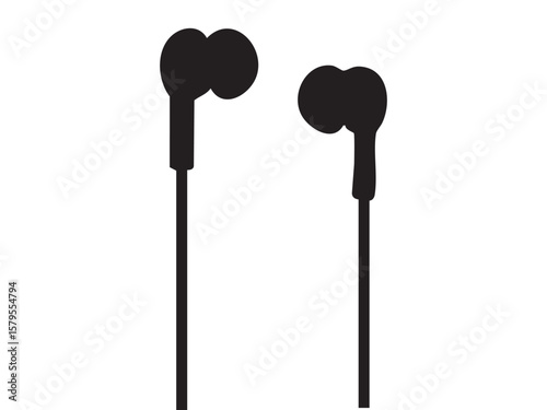 Black silhouette of wired headphones isolated on white background, graphic illustration. concept of music, audio device, sound equipment, earphones, gadget, tech accessory