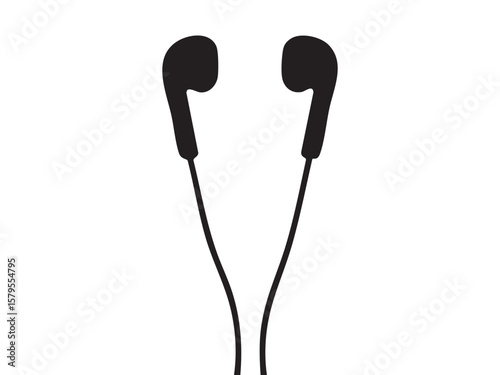Black silhouette of wired earbuds isolated on white background, graphic illustration. Concept of earphones for listening to music, digital audio accessory, portable sound device, design element