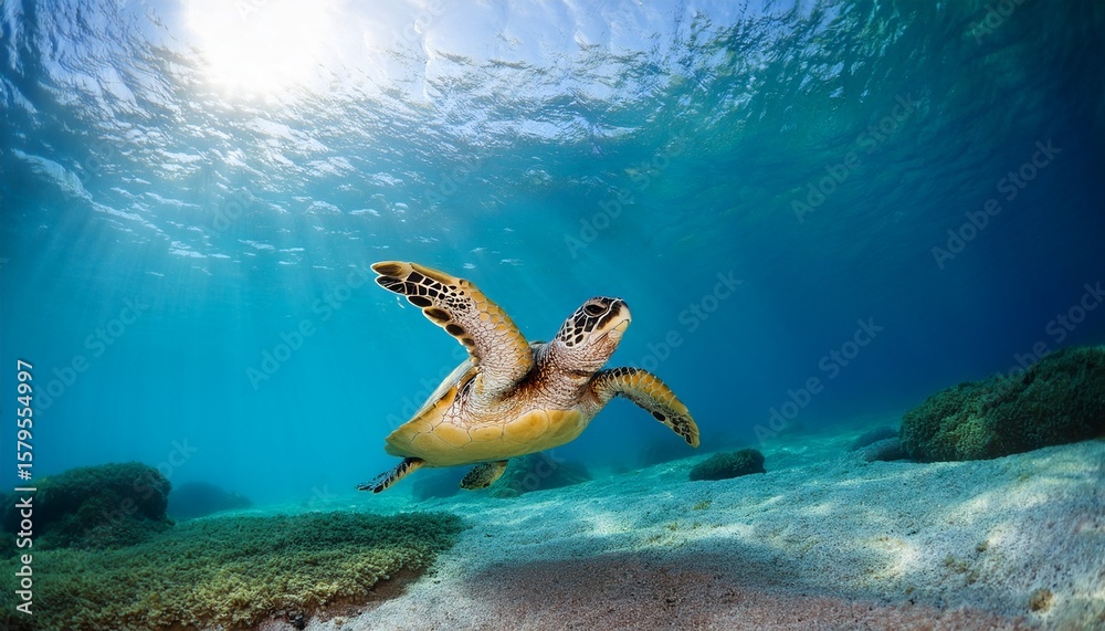 Obraz premium graceful turtle swimming in clear tropical waters with sunbeams illuminating scene