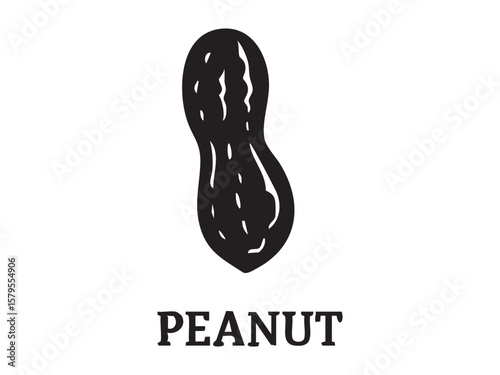Black silhouette of peanut icon, isolated on white background, graphic illustration. concept of food, nut, snack, icon, logo, design element, healthy eating, minimalist art