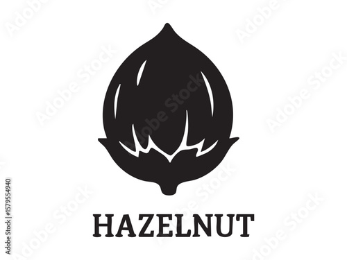 Black silhouette of hazelnut isolated on white background, graphic illustration. concept of icon, logo, nut, health food, design element, culinary ingredient, organic snack