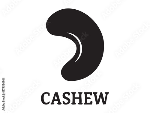 Black icon of cashew nut isolated on white background, graphic illustration. concept of snack, nut, food, healthy eating, icon, logo, design element.