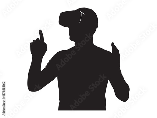Black silhouette of man wearing vr headset and pointing upward, isolated on white background, graphic illustration. concept of virtual reality, technology, gaming, icon, logo