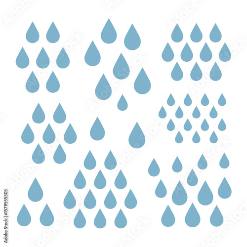 Abstract pattern of blue water drops falling on a white background