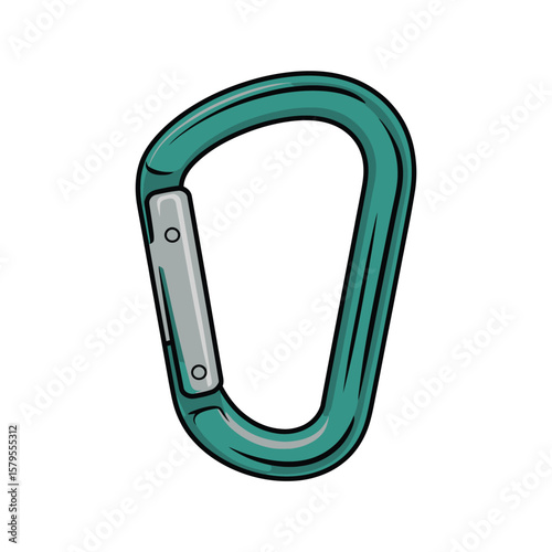 Turquoise climbing carabiner with a silver gate and black outline isolated on white