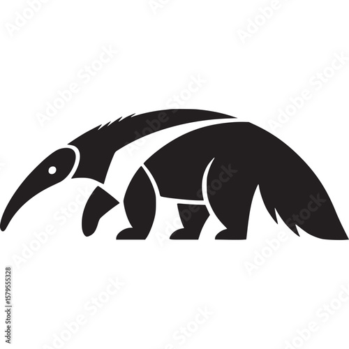 A stylized black anteater with a long snout walking on a white background in a simple illustration on transparent background