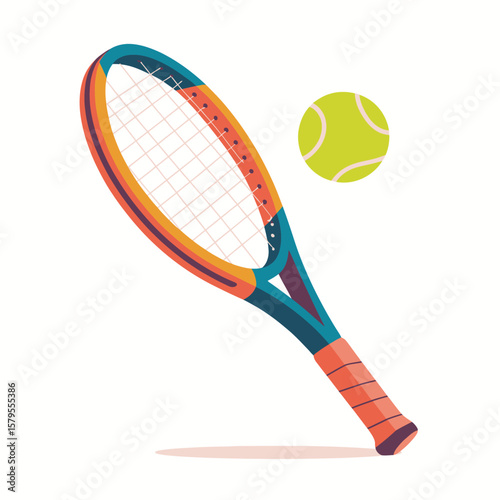 Colorful tennis racket and ball isolated on white background for sports and recreation