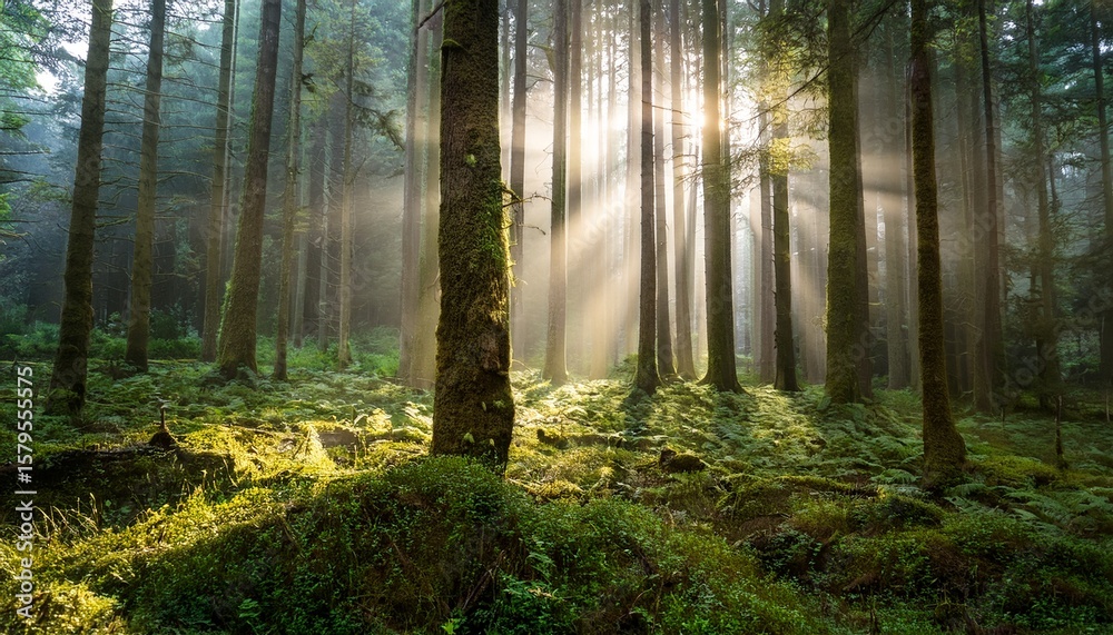 Fototapeta premium serene moss covered forest with tall trees reaching skyward illuminated by soft low angle sunlight filtering through mist creating tranquil and ethereal atmosphere