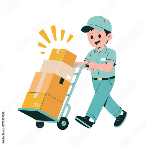Happy delivery man pushing a cart full of packages for shipping