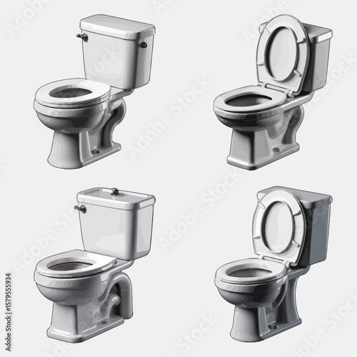 Collection of four white ceramic toilets with open and closed lids on a light gray background