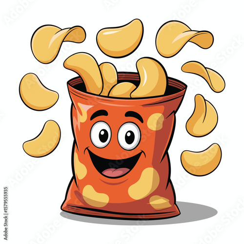 Happy cartoon bag of potato chips flying out with a smile