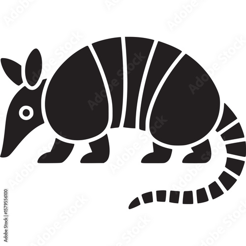 A simple black and white illustration of an armadillo with segmented shell and tail on white background on transparent background