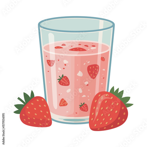 Refreshing strawberry smoothie in a glass with fresh strawberries on a white background