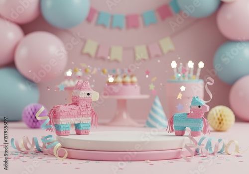 Adorable birthday scene with pinatas, cake, balloons, and party decorations in soft colors.
