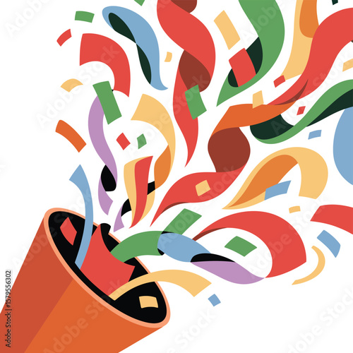 Colorful confetti and streamers exploding from an orange party popper