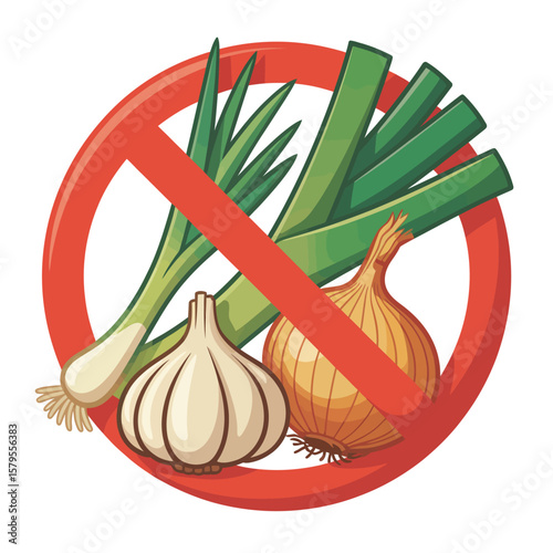 Forbidden alliums including garlic onion and leeks with a red prohibition sign