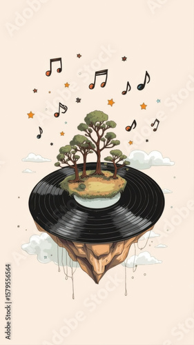 Vinyl record floating island with trees and musical notes