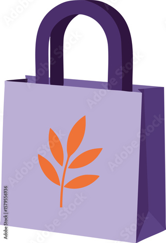 Purple reusable shopping bag with orange leaf design eco friendly illustration for sustainable lifestyle and environment awareness vector 