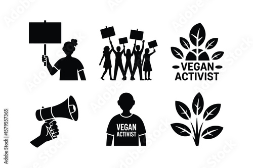 Silhouette protestor holding sign vegan activist megaphone and leaves vector