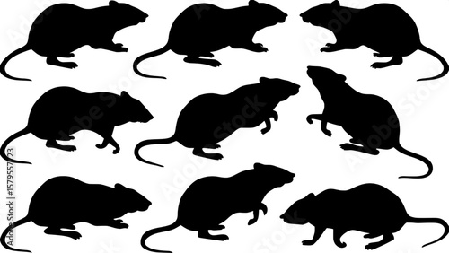 A minimalist design featuring multiple black rat silhouettes in motion—running, jumping, climbing. Displayed across a white background in even distribution, ideal for pattern creation or visual storyt