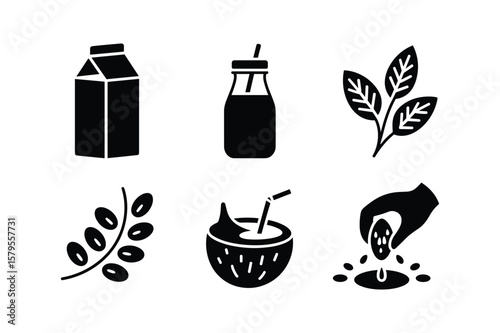 Milk carton bottle leaves berries coconut drink seeds bottle with straw