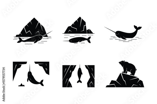 Narwhal and polar bear silhouettes in icy landscapes iceberg ocean