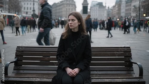 Lonely Woman on a Bench Amid Urban Crowd – Concept of Depression and Isolation