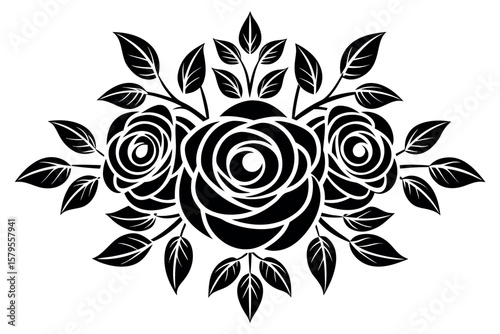 Black roses and leaves floral ornament white