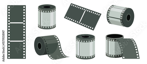 Collection of vintage film reels and film strips on a white background